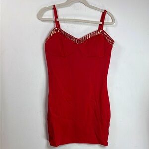 (T6) G by Guess Red fitted dress with zipper, gold studs, size L